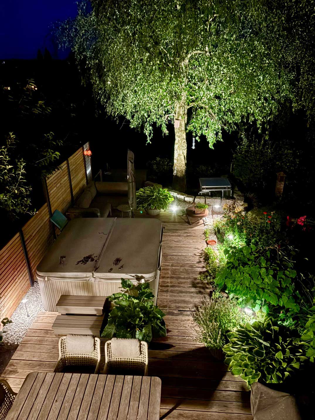 Garten bei Nacht mit gezielter Beleuchtung von Wegen, Pflanzen, Terrasse und großem Baum im Außenbereich